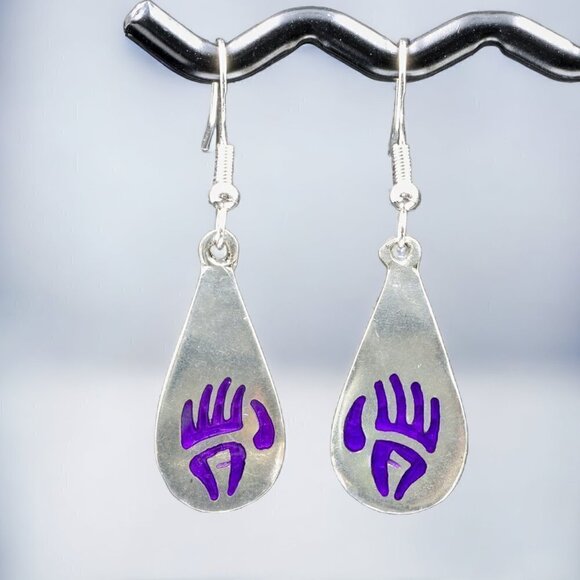 Silver Bear Paw Drop Earrings Sterling Silver Ear Wire - Picture 4 of 5